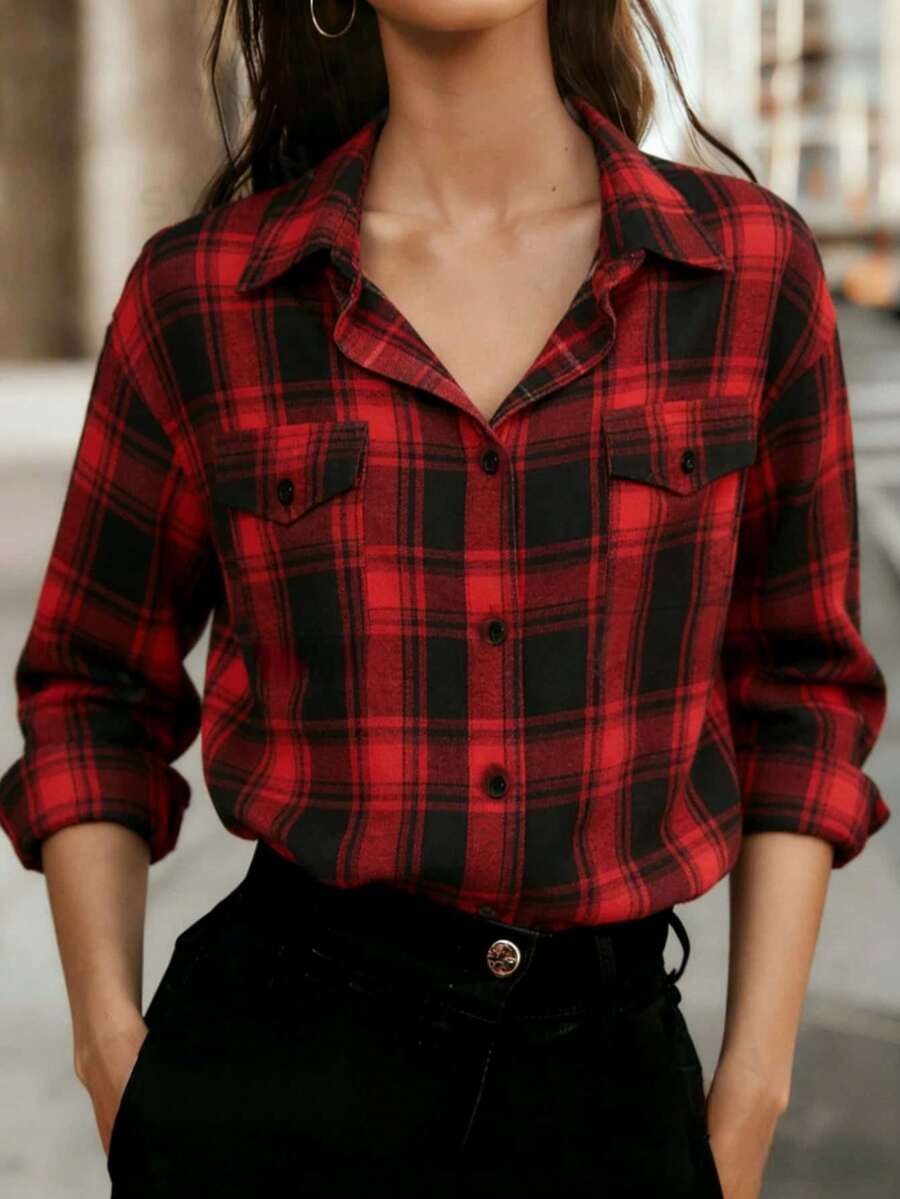 Áo sơ mi nữ tay dài kẻ caro kiểu retro, cổ sơ mi, cài cúc phía trước và có túi - Áo công sở thường ngày cho mùa xuân, thu, đông. - Đỏ - Xem 1