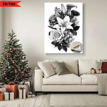 [2D Plano] 1 Pieza de Pintura en Blanco y Negro, Incluyendo Lirio, Rosa, Hortensia, Flor de Verde Invierno| Impresión plana 2D, obra de arte en lienzo, marco de madera, instalación tipo gancho, perfecto para decoración del hogar, habitación, sala de estar, dormitorio, baño, adecuado para Acción de Gracias y otros festivales. - Multicolor - Ver 6