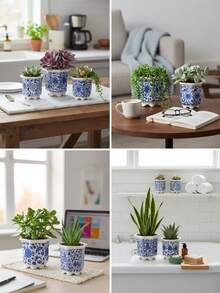 1/6 装蓝白陶瓷多肉植物花盆 - 带排水孔，完美的小型盆景/仙人掌花盆，适用于家居、办公室和花园装饰（不含植物） - 彩色 - 查看 9