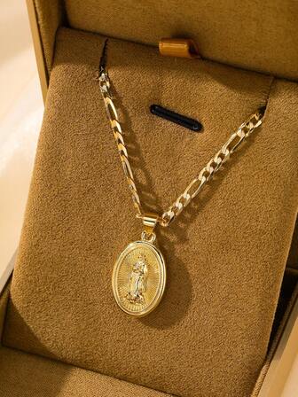 1pc Classic European Style Copper Material Guardian Angel Guadalupe Virgin Mary Double-Sided Portrait Pendant Necklace, Suitable For Christmas/Thanksgiving/Halloween/Mother's Day/Valentine's Day Couples/Friends/Godparents Gifts, Catholic First Communion, Gifts, Daily And Holiday Wear Prayer