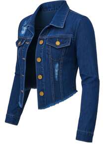 Women's Denim Jacket, Long Sleeves, Frayed Colors, Premium Line - 深色 100% - 查看 2