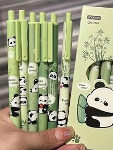 6pcs Panda & Bamboo Pattern Cute & Fashionable Push-Button Ballpoint Pens, Minimalist Design, Durable, Suitable For Girls, Black Ink - Black - View 5