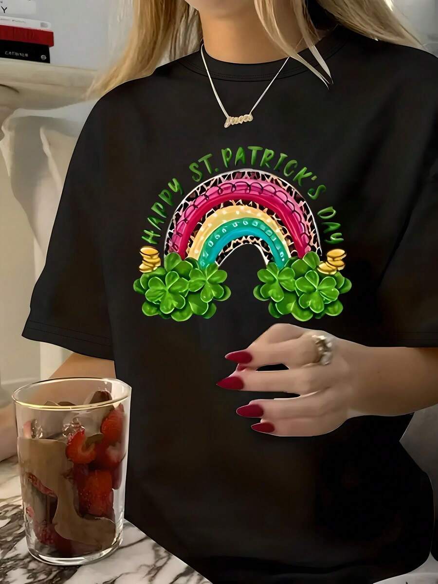 [Rainbow Shamrock Print Tee] St. Patrick's Day Plus Size T-Shirt - Rainbow & Shamrock Print, Casual Round Neck, Short Sleeve, Geometric Pattern, All-Season, Pullover Top - 黑色 - 查看 1