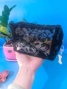 1pc Sanrio KT Cat Cute Flocked & Mesh Portable Cosmetic Bag, Large Capacity Makeup Pouch For Travel & Touch-Up