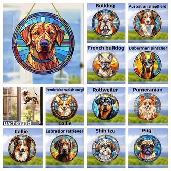 Placa redonda de acrílico com desenho de Labrador Retriever, ideal para pendurar na janela. Feita de plástico tingido, perfeita para decoração de janelas e varandas. Também pode ser usada como plaquinha de identificação para cães. Ideal para pendurar enfeites, guirlandas e como presente de Natal. Também serve como decoração para varandas, paredes e quartos.