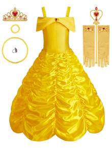 8pcs/Set Girls Yellow Sleeveless Ruffle Dress Accessories Set, Children Princess Party Birthday Christmas Halloween Costume Outfit - Yellow - View 13
