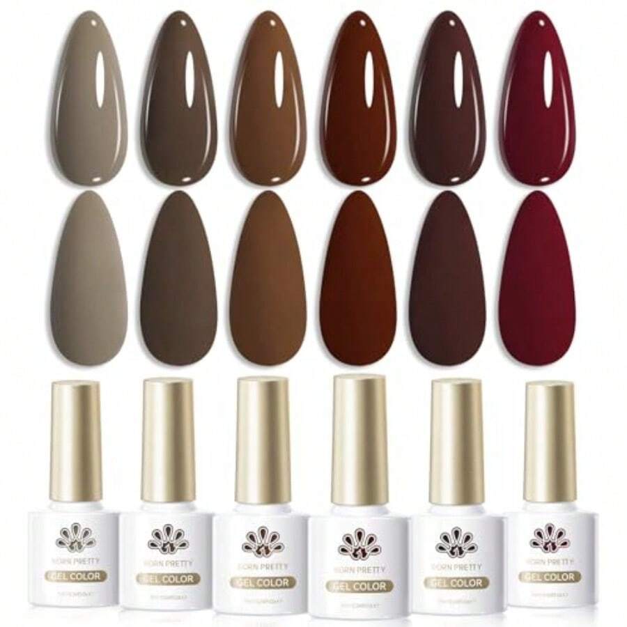 Fall Winter Gel Nail Polish Burgundy Wine Red Caramel Brown Coffee Autumn Gel Polish Set Gel Nail Kit Christmas Gift Nail Art Manicure Collection 6PCS 7ML - 焦糖可可 - 查看 1