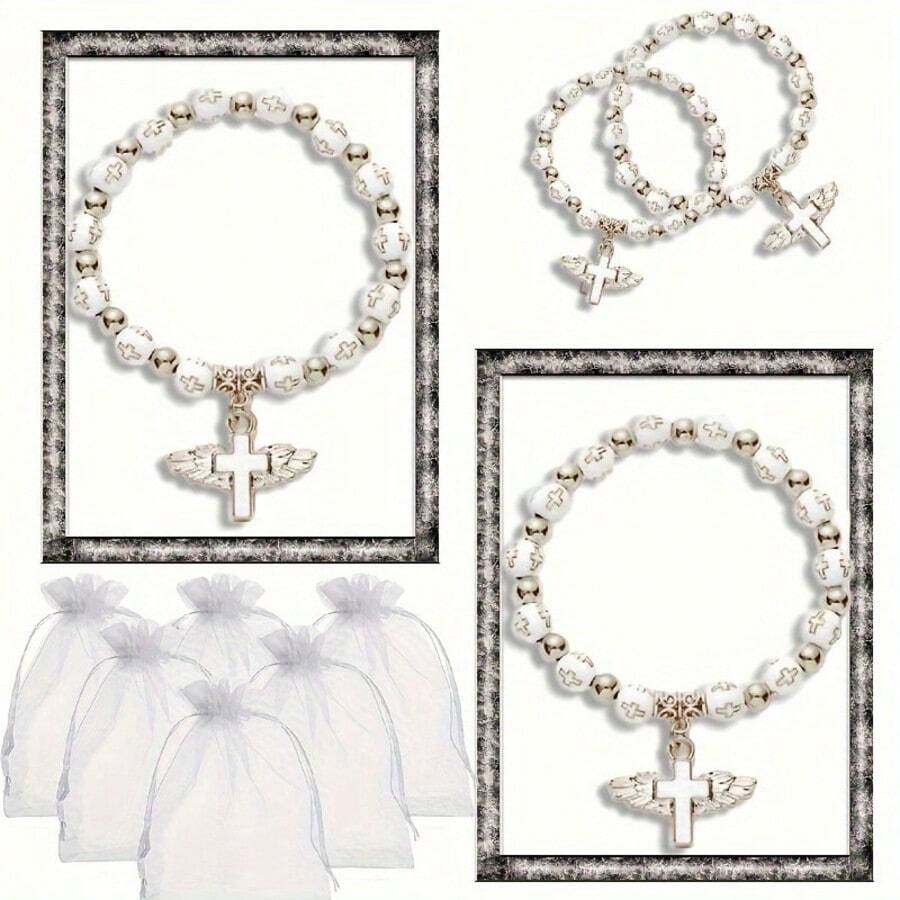 36pcs/18 Sets Of Beaded Bracelets, Including 18 Bracelets + 18 Organza Bags, Suitable For Bridal Showers, First Communion Gifts, Birthday Party Gifts, Baptism Gifts - Multicolor - View 1