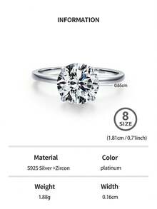 1枚925纯银奢华闪亮圆形立方氧化锆戒指，可选1克拉、2克拉或3克拉，女士结婚订婚礼物，新娘首饰