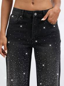 Wanduyini Women's Rhinestone Embellished Straight Leg Jeans, Shiny Denim Jeans, Washed Black - Wash Black - View 4