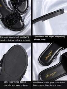 2026 New Women's Slippers, Square Heel Flat Round Toe, Rhinestone & Pearl Decor, Plus Size, Lightweight Luxurious Casual Non-Slip Sandals, Versatile - Black - View 6