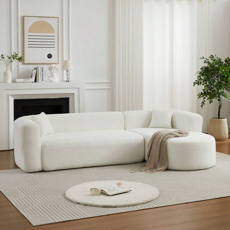 109.4" Modular Sectional Sofa Luxury Modern Curved Back Sofa,Chenille Fabric Two Throw Pillows,Minimalist Comfortable L-Shape Boneless Cloud Couch For Living Room Apartment (Right Chaise Beige) - 黑色 + 布藝 + 三座 + 泡沫 - 查看 1