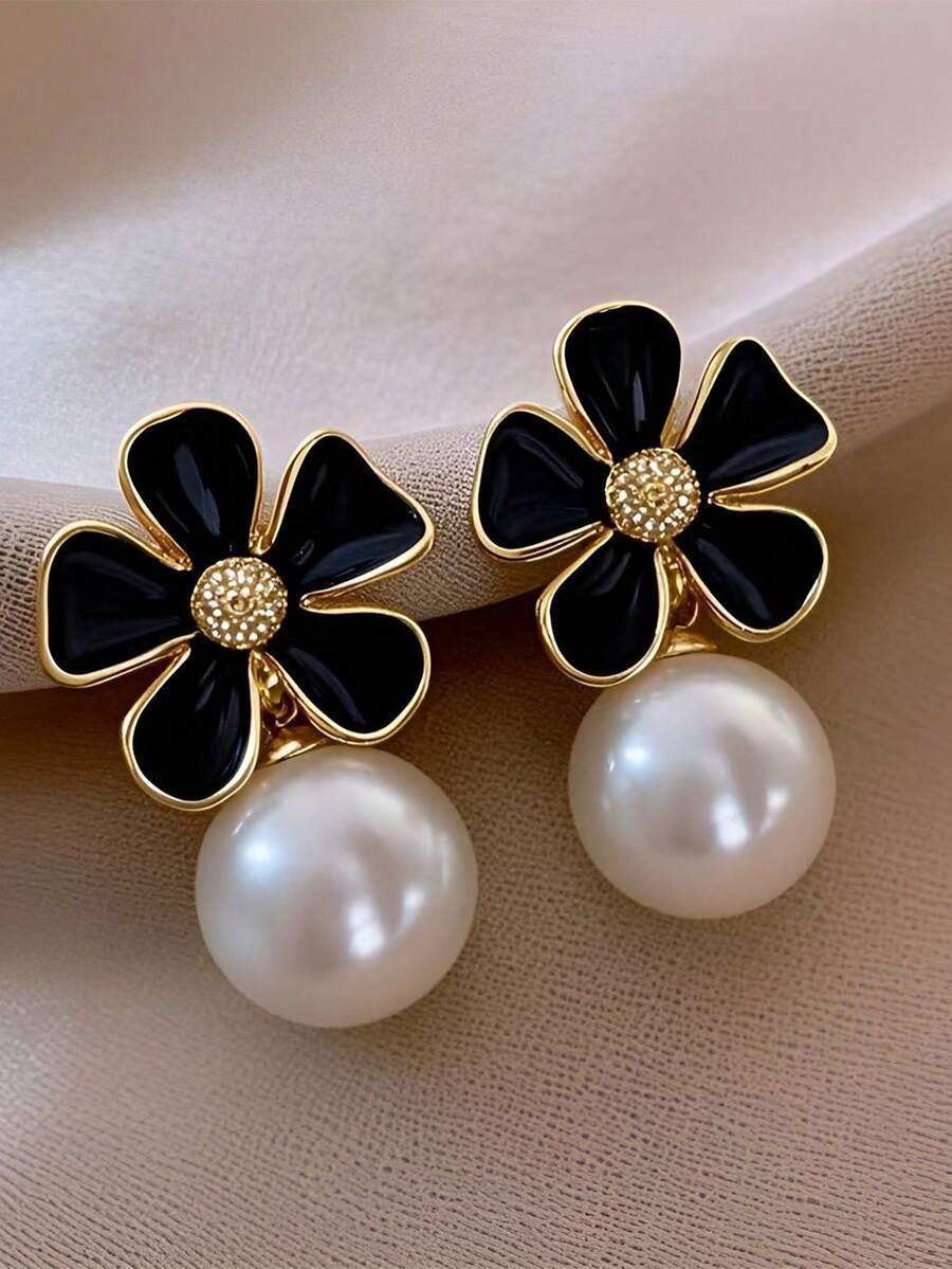 Đôi bông tai ngọc trai giả màu đen hình hoa rủ, thời trang và tối giản, thanh lịch và ngọt ngào, tươi tắn và dễ chịu, phù hợp cho phái nữ đeo trong các dịp thường nhật và lễ hội. - màu đen - Xem 1