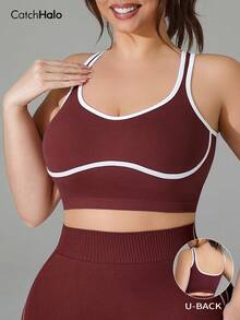 Plus Size Women's Seamless Sports Camisole, Contrast Color Trim, U-Back Design, Unlined, Suitable For Yoga & Running - Redwood - View 8