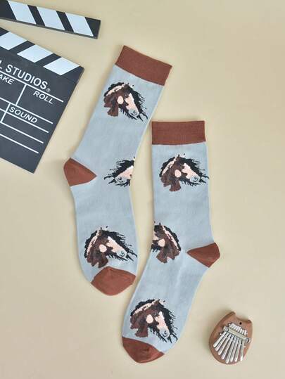 1 para skarpetek damskich do połowy łydki z motywem kucyka, uniwersalne, codzienne, nowatorskie skarpetki, odpowiednie na Halloween i Boże Narodzenie