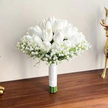 白色马蹄莲郁金香花束，触感逼真，适合新娘/伴娘婚礼，手工仿真新娘结婚花束，婚礼配饰，情人节家居婚礼派对装饰 - 白色 - 查看 6