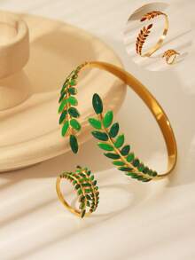 2 piezas Juego de brazalete y anillo de acero inoxidable chapado en oro de 18K con diseño de hoja y flor, decoración elegante para uso diario o festividades, regalo - Amarillo Oro - Ver 3