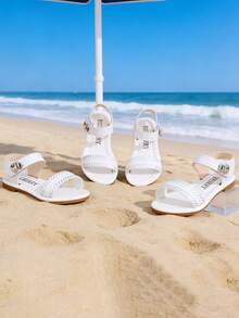 1 Pair Girls' Shiny Striped Rhinestone Buckle Soft Bottom Open Toe Lace-Up Casual Sandals, Suitable For Summer Beach/Family Outings - White - View 5