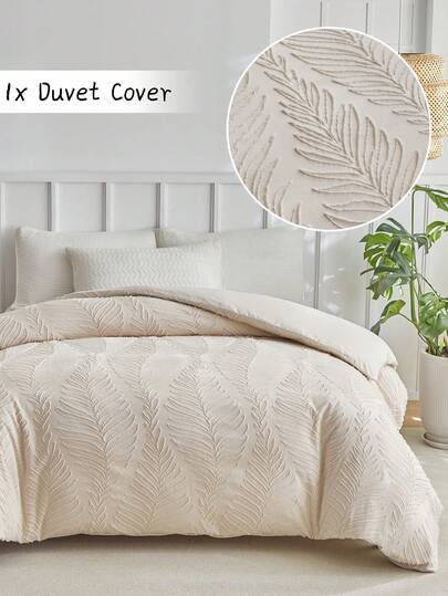 1pc Khaki Leaves Pattern Tufted Textured Polyester Duvet Cover, Modern Style Soft& Breathable Duvet Cover Only For All Seasons ( Without Filler )