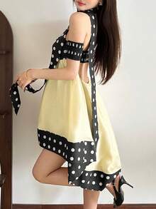 女士波点拼接露肩露背波西米亚风约会迷你连衣裙 - 黑色 - 查看 7