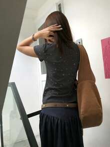 Kaos Lengan Pendek Wanita Model Slim Fit Leher Bulat Motif Bintang Vintage untuk Musim Panas - Dark Grey - View 3