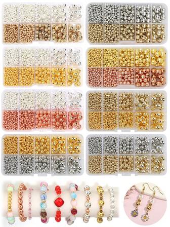 950PCS 3/4/6/8/10MM CCB Gold Silver Color Spacer Round Loose Beads DIY Set Box For Bracelet Necklace Jewelry Making Accessories