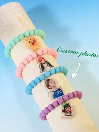 Pulsera personalizada, pulsera de cuentas de arcilla blanda de color macaron creativa y de moda, colgante con impresión UV, corte asimétrico, imágenes personalizables de familia, amigos, ídolos, pulsera transparente de doble cara, adecuada para cumpleaños, reuniones familiares, San Valentín, padres e hijos, parejas, celebración de aniversario, regalo para mamá, papá, amigos, novio, novia, uso diario