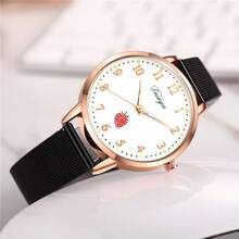 草莓元素女士腕表，玫瑰金表壳，网状表带石英腕表 - 黑色 - 查看 1