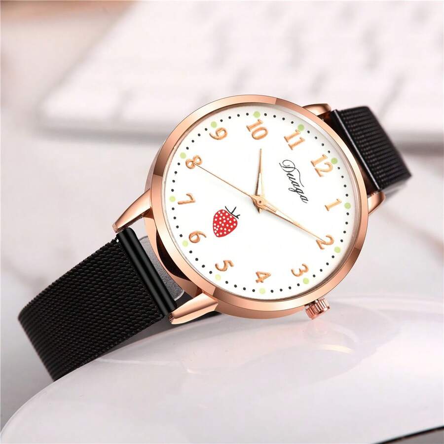 草莓元素女士腕表，玫瑰金表壳，网状表带石英腕表 - 黑色 - 查看 1