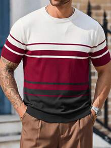 男士条纹圆领短袖休闲针织上衣 - 紅白色 - 查看 3