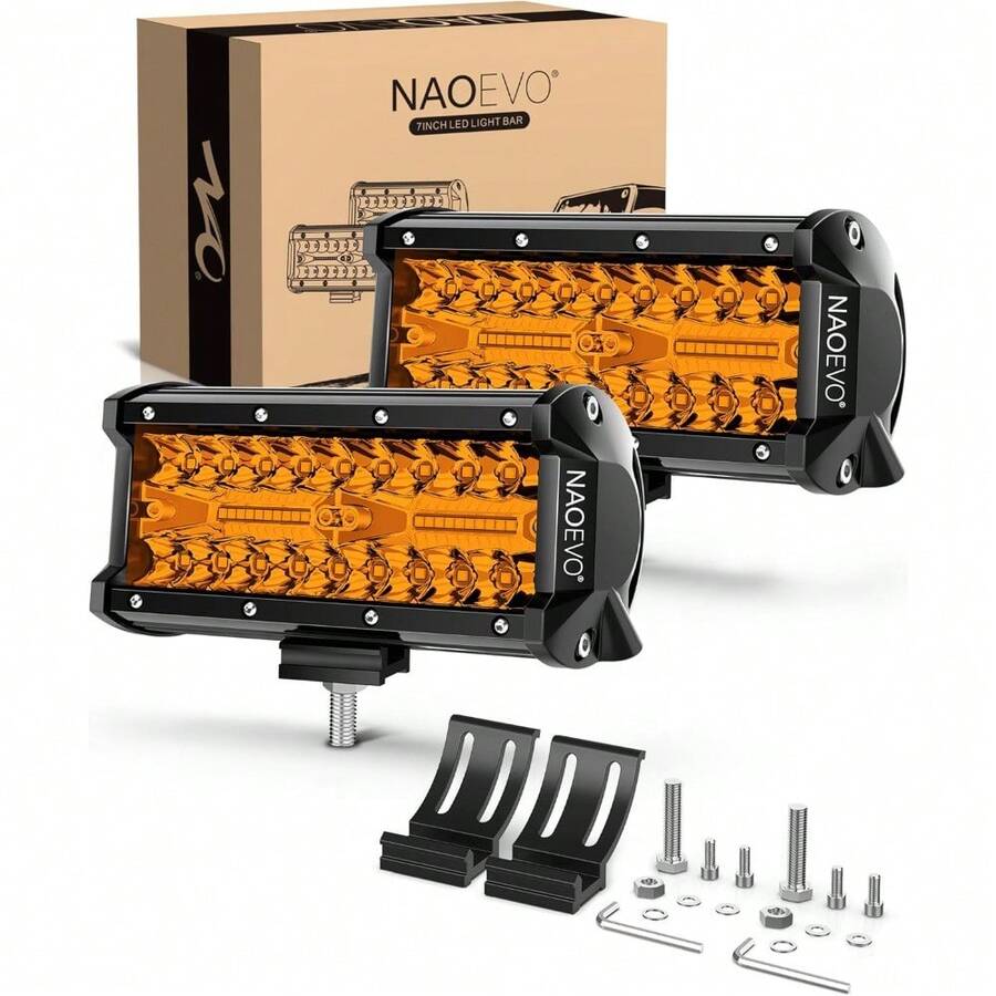 NAOEVO Barra De Luces LED De 7 Pulgadas, 240W 24,000LM Luces De Conducción Led Pods Spot Flood Combo Beam Amarillo - Ámbar - Ver 1