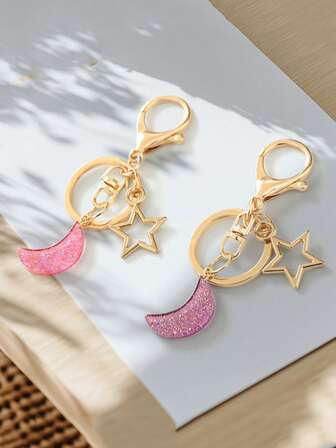 1pc Minimalist Pentagram Moon Keychain, Sweet Handbag Charm Pendant Accessory