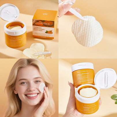 HAICUIER 100pcs Turmeric Cleansing Face Pads-Deep Cleanings & Brightening, Hydrating Face Pads To Even Light Beige With Oil Control, Balance Oil & Moisture Deep Cleansing Face & Body Use Sleek Bottle Design, Natural Ingredients, Makeup Remover Skincare