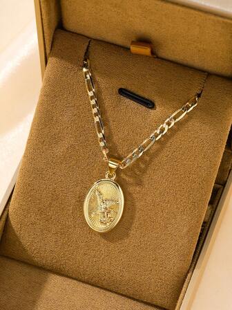 1pc Classic European & American Style Copper Material Saint Michael Guardian Angel Double-Sided Portrait Pendant Necklace, Suitable For Christmas/Thanksgiving/Halloween/Mother's Day/Valentine's Day Couples/Friends/Godparents Gift, Catholic First Communion, Gift, Daily & Holiday Wear Prayer