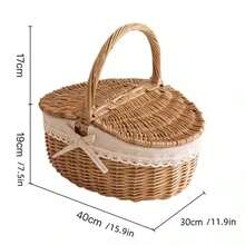 Wicker Picnic Basket With Lid, Vintage French Country Style Rattan Storage Basket, Lace Bow Decor, Outdoor Camping, Beach, Park, Garden Party Photography Prop, Home Storage Gift - Multicolor - View 14