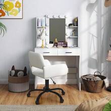 FurnitureR Silla Oficina para el Hogar con Respaldo Medio Silla Escritorio Tapizada Chenilla con Reposabrazos Silla Giratoria Altura Ajustable Silla Trabajo Ergonómica Beige - Beis - Ver 3