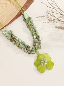 1pc Bohemian Style - Fashion - Elegant Handmade Beaded Double Layer Necklace, Ocean Element Shell Necklace, Floral Pendant Necklace, Suitable For Daily And Travel Wear, Perfect Gift For Her - Green - View 3