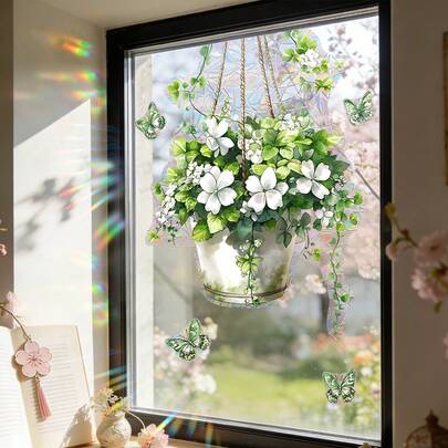 1/2 stuks decoratieve raamprisma-stickers, groene planten, bloempotten, vlinders, kleurrijke glasstickers, geschikt voor ramen, badkamer, keukendecoratie, doe-het-zelf interieurdecoratie en lenteversieringen.