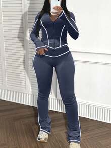 LovelyWholesale Women's Stand Collar Long Sleeve Zip-Up Striped Contrast Trim Jacket And Pants Set, Spring/Autumn - Navy Blue - View 2
