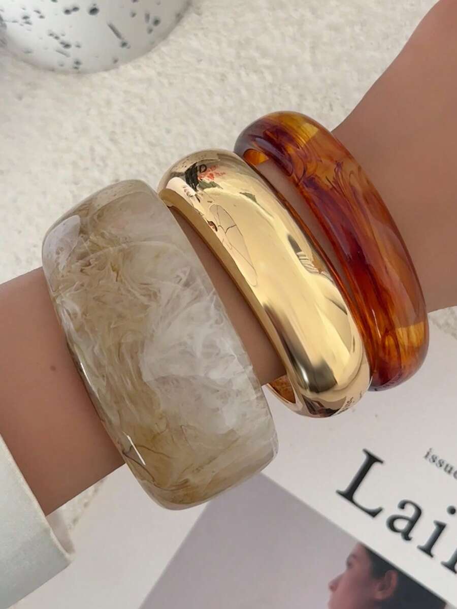 1 pièce Bracelet large en résine à motif géométrique arc bohème, teinture à la cuve. Bracelet en résine polyvalent, charmant, idéal pour les fêtes, les mariages et les occasions décontractées. Légers défauts et variations de couleur dans la résine sont normaux.