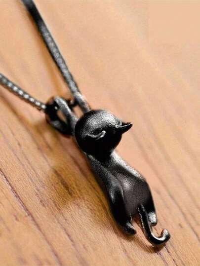1件 时尚简约复古百搭银色猫咪吊坠项链