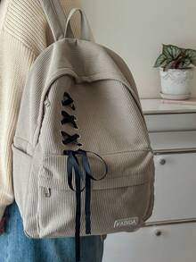 Mochila minimalista de gran capacidad con decoración de lazo, bolsa de viaje de pana - Caqui - Ver 2