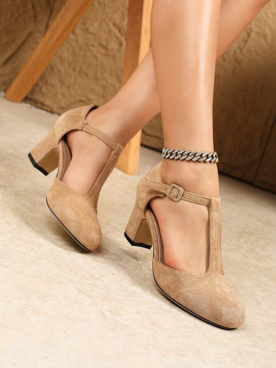 Damen High Heels, modisch elegant mit Schleifen-Dekor, Design mit dickem Absatz und T-Riemen, Business Formal High Heels für Bankette, Partys, Bälle, Khaki, Braun, Ballettschuhe/Rückkehr zur Schule/Hochzeit/Weihnachten/Party - Khaki - Übersicht 1