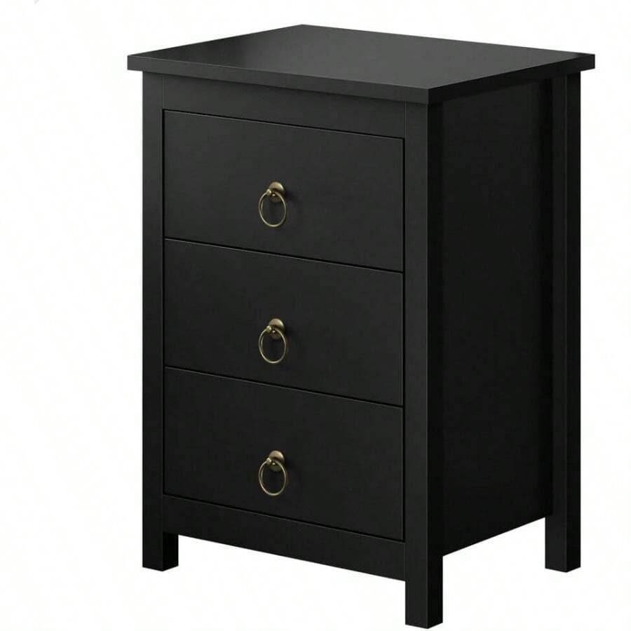 Bedside Table With 3 Drawers And Pull Ring Handles Nightstand Cabinet 50cm X 39cm X 68.5cm Wooden Storage Organiser Side Chest End Table For Hallway Bedroom And Living Room Black - 3DPTHDRIHBlack - View 1
