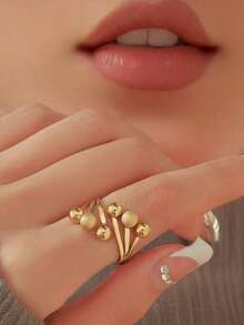 1 pieza Anillo ajustable de acero inoxidable dorado con decoración de bola texturizada, joyería de moda de estilo minimalista vintage para mujeres - anillo - Ver 3