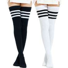 Extra Long Cotton Stripe Thigh High Socks Over The Knee High Plus Size Stockings…,36064610 - màu đen - Xem 1