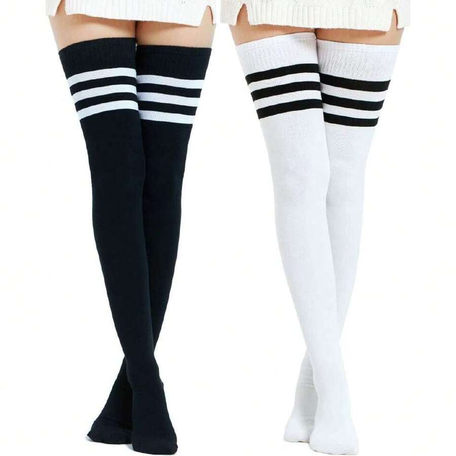 Extra Long Cotton Stripe Thigh High Socks Over The Knee High Plus Size Stockings…,36064610 - màu đen - Xem 1