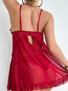 Conjunto de lencería de 2 piezas para mujer con camisola de encaje rojo de Navidad, contraste de malla transparente y volantes con dobladillo festoneado - Burdeos - Ver 2