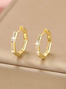 1 Pair Fashionable Copper Zirconia Hollow Geometric Circle Earrings, Minimalist & Versatile, Gift For Women Birthday/Date - Multicolor - View 11