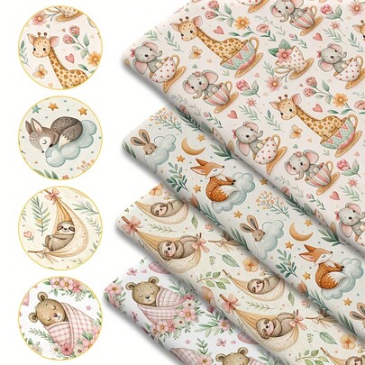 1块动物印花绗缝面料 - 59 x 19.68 英寸（150 x 50 厘米）预裁涤纶面料，带有柔和可爱的森林动物图案 - 适合DIY缝纫、剪贴簿、桌布和工艺品制作